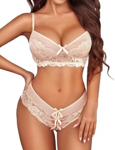 NWT Avidlove Women’s Lingerie Lace 2Piece Bra Panty Set Size XL Beige - Picture 1 of 11