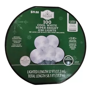 100-Count Cool White LED Super Bright G30 Christmas Lights with Green Wire 58.1' - Picture 1 of 4