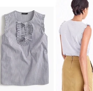 J. Crew Women’s White and Blue Striped Sleeveless Blouse with Ruffles Size 4 - Picture 1 of 7