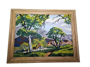 Vintage Paint By Number Framed Art Cowboys Trees Horses Landscape 18x14" - Picture 1 of 8