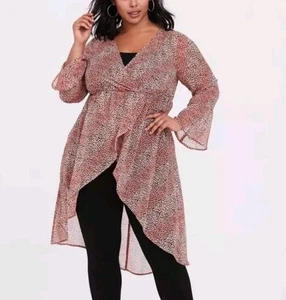 TORRID Pink Leopard Chiffon Babydoll HI-LO V-neck Top Bell Sleeve Size 2 *Flaws - Picture 1 of 14