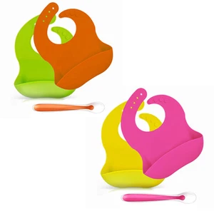 2 Pack Silicone Waterproof Adjustable Baby Boy Girl Bibs with Feeding Spoon - Picture 1 of 7