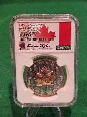 2025 CA Silver Maple Leaf UHRRP Pulsating Forest Rose-Gold Gilt PF70 FDOI Signed - Image 1 of 4