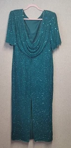 Lawrence Kazar Beaded Dress Silk 1x Long Scoop Back Teal Green art beaded 0259 - Picture 1 of 13