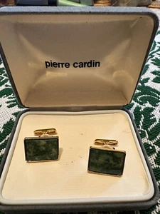 Vintage PIERRE CARDIN Cufflinks Green Stone (Nephrite?) Gold Tone Rectangle NWOT - Picture 1 of 4