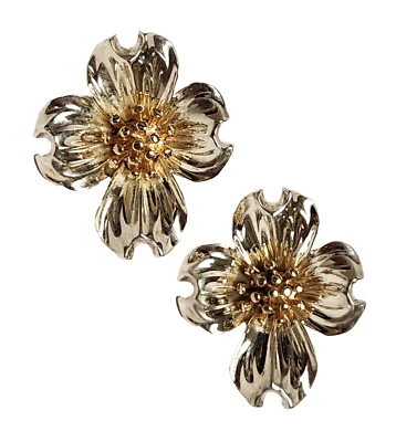 Fine Vintage 14K Gold & 925 Sterling Silver Dogwood Flower Omega Back Earrings - Image 1 of 4