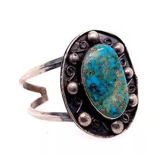 Rare Estate Silver 56g Native Natural Turquoise Vintage Bangle Gem Stone Antique - Picture 1 of 9