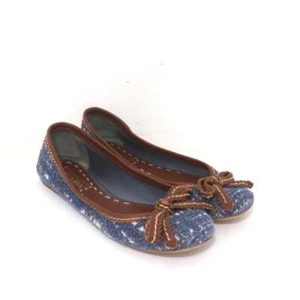 Prada Tweed Ballet Flats with Leather Bow Blue/Brown Size 37 - Picture 1 of 10