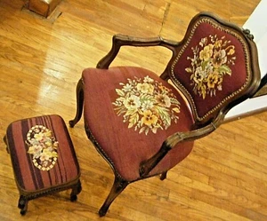 French Provincial Antique Louis XV Walnut Arm Chair Stool Set Flower Needlepoint - Picture 1 of 12