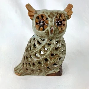 Stoneware Owl Tea Light Holder 5.5in Green Brown Speckleware 60s Style - Picture 1 of 11