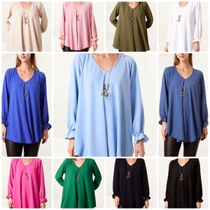 Neu Damen Frauen HALSKETTE V-AUSSCHNITT GLOCKENÄRMEL BLUSE Oversize Langarm Tops - Bild 1 von 33