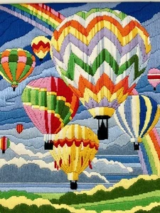 VTG Hot Air Balloon Needlepoint Crewel Framed Wall Art Vivid Colors Rainbow 21” - Picture 1 of 10