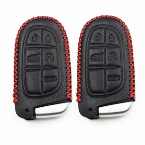 2Pcs Black Leather For Dodge Charger Chrysler 300 Jeep 5 Buttons Key Fob Cover - Picture 1 of 4
