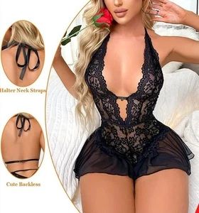 Black 1-Piece Sexy Lingerie Women Deep-V-Neck Crotchless Teddy Lace Bodysuit XL - Picture 1 of 7