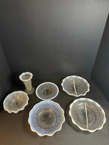 Anchor Hocking Moonstone Opalescent Hobnail Glass Set 7pc Vintage 1940s - Picture 1 of 10