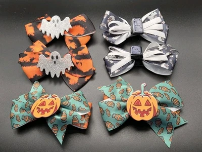 6 Set Halloween Hair Clips Bows 3.5" Cute Bow Clip 3 Pairs Jack-O-Lantern Ghosts - Image 1 of 4