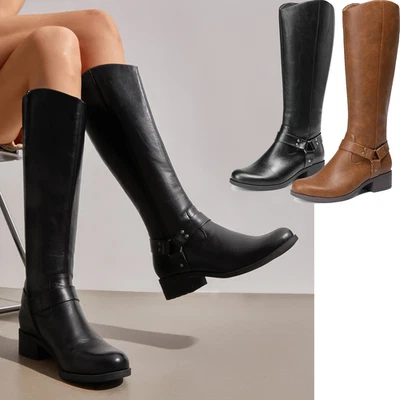 Women Motorcycle Riding Boots Low Heel Round Toe Zip Up Knee High Boots - Image 1 of 4