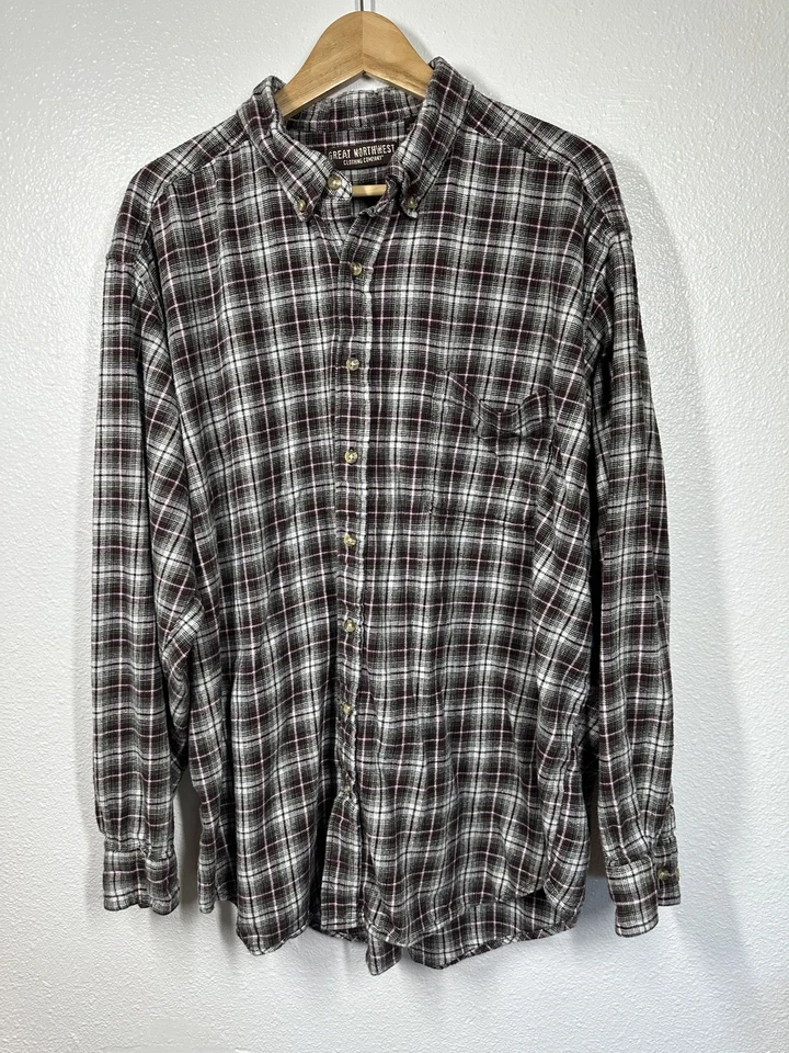 Great Northwest Shirt Mens 2XLT Gray Burgundy Plaid Flannel Button Down Pocket - Image 1 of 4