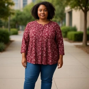 Plus Size 2X Cotton Printed Henley T-shirt, Created For Macy's Scarlet Floral - Picture 1 of 7