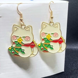 Ohrringe Kawaii Urlaub Katze Kätzchen Kätzchen mit rotem Schal und Weihnachtsbaum süß - Bild 1 von 4