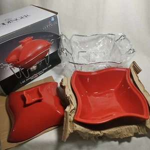 Panadero rojo porcelana cubierto 1 qt con soporte calentador cromado caja abierta - Imagen 1 de 5