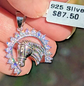 Solid Sterling Silver Sparkling Iced Horseshoe Horse Equestrian Pendant - Picture 1 of 9