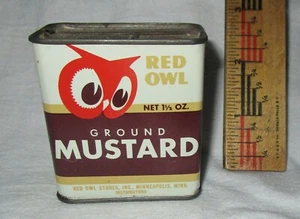 VINTAGE OLD RED OWL BRAND GROUND MUSTARD TIN ORIGINAL 1-1/2 oz MINNEAPOLIS MINN - Imagen 1 de 2
