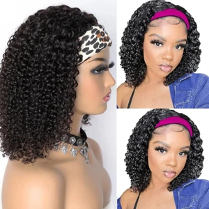 10" Headband Wigs Afro Curly Headband Wig for Black Women Human Hair Water Wave - Picture 1 of 6