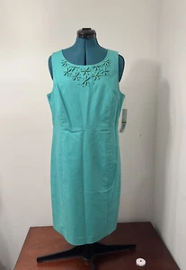RAFAELLA Women’s Aqua Lined Stretch Sleeveless Jeweled Neck Sheath Dress Size 14 - Picture 1 of 11