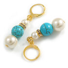 Faux Glass Pearl and Turquoise Bead with Crystal Spacer Drop Earrings in Gold