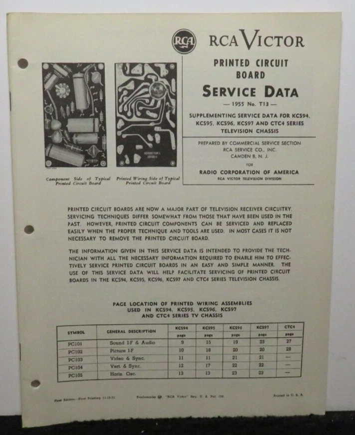 RCA VICTOR TELEVISION SERVICE DATA 1955 T13 PRINTED CIRCUIT BOARD KCS94 KCS95 - Image 1 of 1
