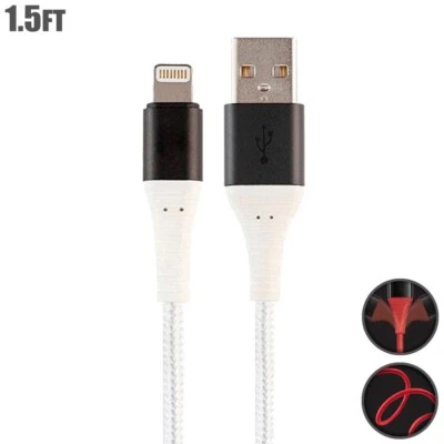 1.5FT 8 Pin For iPhone to USB-A Sync Data Charging Reinforced Braided Cord White - Image 1 of 4