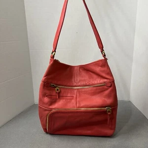 Hobo The Original Shoulder Bag Coral Pink Leather Handbag Purse - Picture 1 of 24
