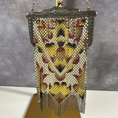 古董 Mandalian Mfg Co 搪瓷网眼钱包艺术装饰 Flapper 晚装包 1920 年代 — 第 1/4 张图片