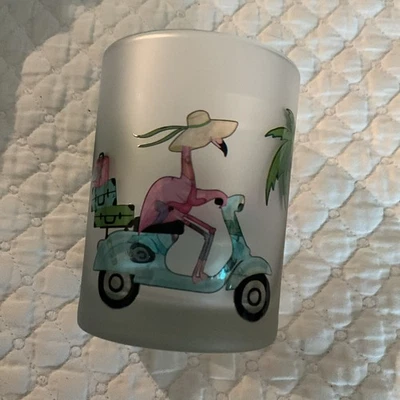 Culver Frosted Flamingo on Vespa w/ Luggage & Palm Trees Low-Ball Glass Tumbler - Image 1 of 4