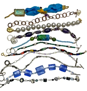 Glass Bead Bracelets Blue Black Faux Pearl Heart Multicolor Silver Tone set 11 - Picture 1 of 9