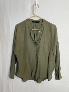 Zara Women’s Size Large Long Sleeve Blouse Linen Blend Olive 653 - Imagen 1 de 7