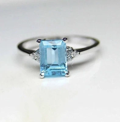 3.20Ct Emerald Cut Simulated Aquamarine Engagement Ring 14k White Gold Plated - Image 1 of 4