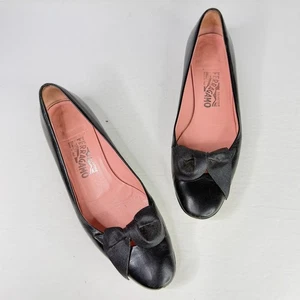 Salvatore Ferragamo Black Bow Leather Ballet Flats Shoes Loafers Womens 9B - Picture 1 of 14