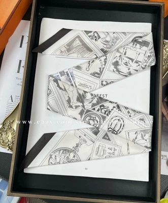 Sallys Quality 18 Momme Twill Silk Scarf Ribbon Stamps Print Hair Bag Neck Tie - Image 1 of 4