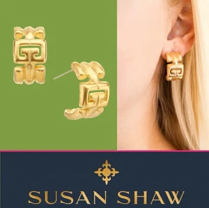 Susan Shaw Jewelry Greek Key Hoops Earrings 24k TPG - Picture 1 of 11