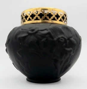 Tiffin Art Deco Black Amethyst Satin Glass Raised Poppy Vase Brass Flower Frog - Picture 1 of 12