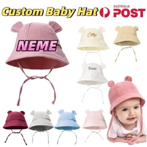 Personalised infant Bucket Hat Bear Beach Sun Cap Baby Custom Name Adjustable AU - Picture 1 of 30