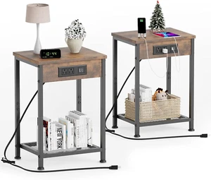 Nightstands Set of 2 w/ Charging Station, USB Ports, Power Outlets, Rustic Brown - Picture 1 of 12
