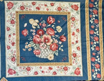 VTG Cottagecore Pink Florals w/Basket on Blue 2 Pillow Panel by Ameritex - Image 1 of 4
