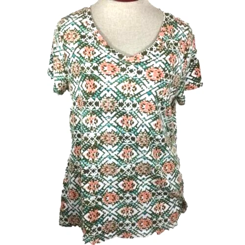 Top tejido relatividad talla 1X marrón rosa floral cuello en V manga corta algodón Foto 1 de 4