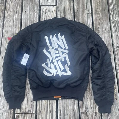 VTG Y2K ALPHA INDUSTRIES MUSIC IS UNIVERSAL REVERSIBLE BOMBER JACKET SMALL  NEW - Image 1 of 4