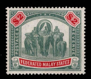 Federated Malay States Scott 74 , MH* $2 Elephants & Howdah stamp with wmk 4 - Picture 1 of 2