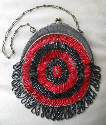 Antique Art Deco Silver Floral Filigree Frame Black Red Czech Bead Purse #2 - Image 1 of 4