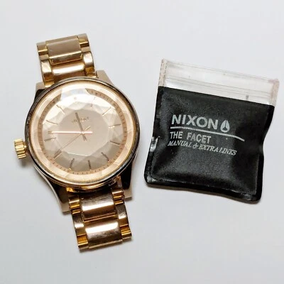 NIXON The Facet Wristwatch Gold Tone Runs Small Wrist w/ extra links USED - Image 1 of 4